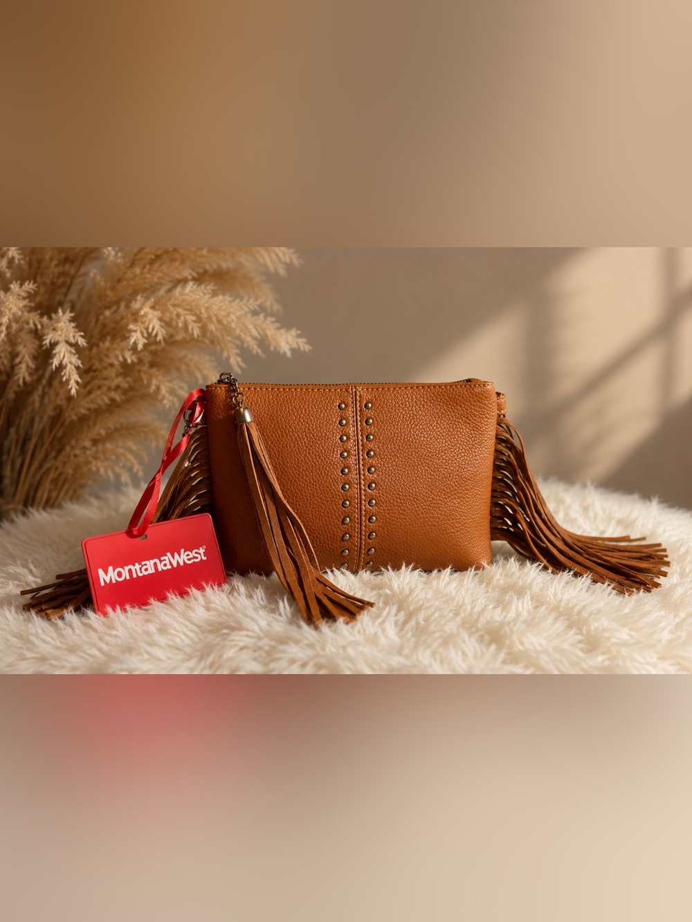 Montana Western Brown Crossbody Clutch with Fringe Tassels and Stud Accents